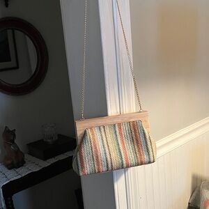 Haute Hippie Multicolor Striped Woven Clutch with Wood Top and Gold Chain
